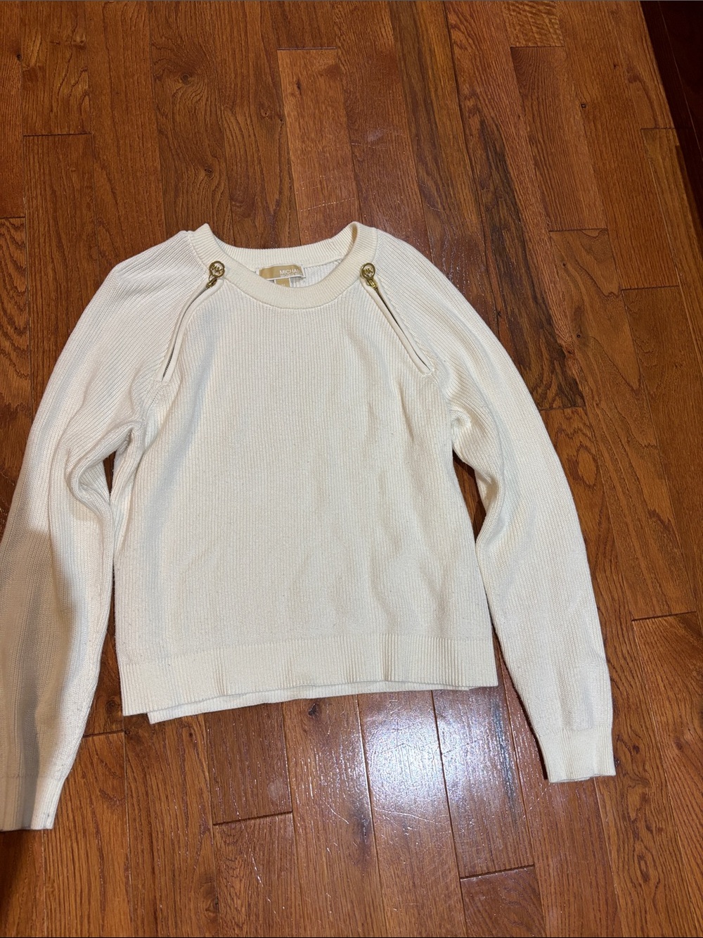 Michael Kors Cream Crewneck Sweater with Gold Zipper Accents